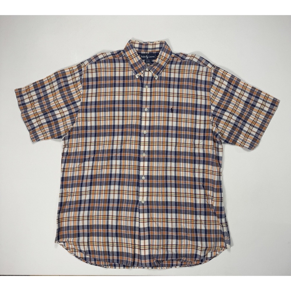 Ralph Lauren Men’s XL Blaire Button Shirt Blue White Orange Red VTG Plaid Casual